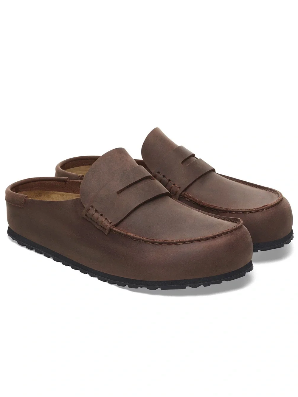 Birkenstock: “Naples” Wrapped Natural Leather Oiled Clog in Habana